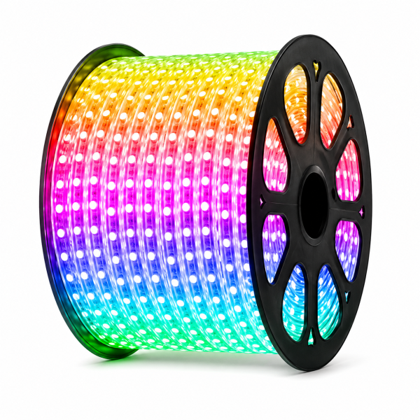 Светодиодная лента (плоский дюралайт) 220v 5050 (RGB) бухта - 100м.